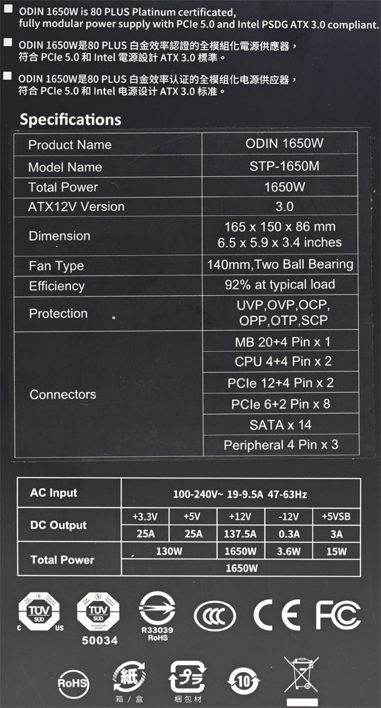 Apexgaming ODIN ATX 3.0 1650W白金全模組化電源開箱