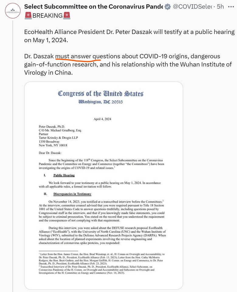 衆議院新冠大流行特別委員會向 健康生態聯盟 Peter Daszak 彼得·達斯扎克 發送信函國會公開聽證會
