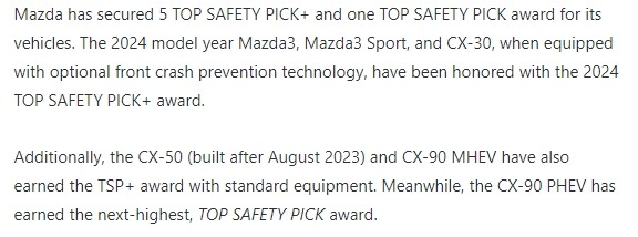 Mazda今年在IIHS稱霸,成為拿下最多TSP+的品牌!