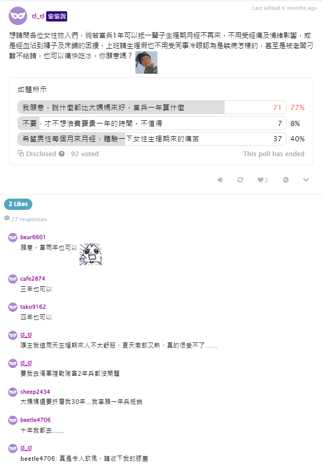 好像很多女性願意用當兩年兵，換取不要有月經，免去月經的副作用，大家是怎麼看待的?