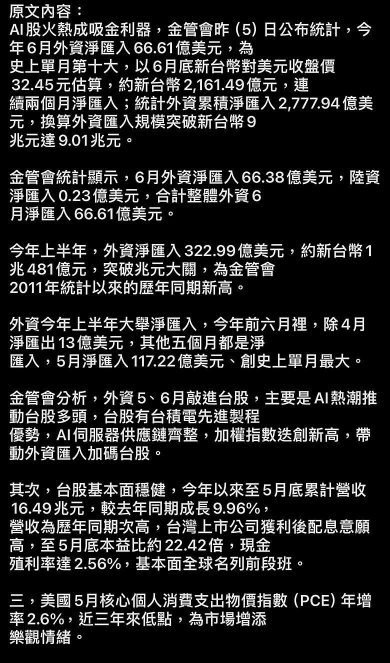 2024外資上半年淨匯入逾1兆元 AI 熱潮帶動資金湧入