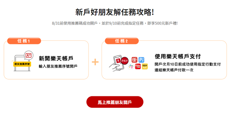 樂天開戶禮500元，推薦獎金也500元！