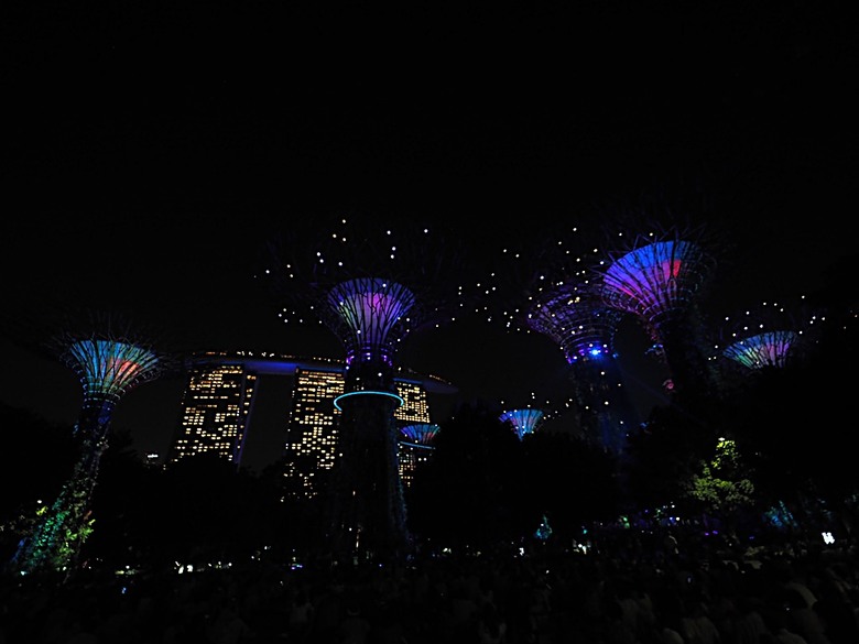 濱海灣花園 雲霧林(Cloud Forest)、花穹(Flower Dome) 及《莫內印象(Impressions of Monet)》特展、擎天樹叢(Supertree Grove)的《花園狂想曲(Garden Rhapsody)》聲光秀、遊園導覽車(Audio Tour)、Jurassic Nest FoodHall中的Hawker Chan燒肉飯，及金沙酒店《幻彩生輝(Spectra- A Light and Water)》燈光秀 — 赤道三國文化休閒行旅 之 新加坡篇 第五回 濱海灣花園