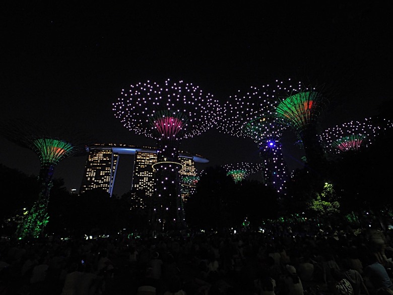 濱海灣花園 雲霧林(Cloud Forest)、花穹(Flower Dome) 及《莫內印象(Impressions of Monet)》特展、擎天樹叢(Supertree Grove)的《花園狂想曲(Garden Rhapsody)》聲光秀、遊園導覽車(Audio Tour)、Jurassic Nest FoodHall中的Hawker Chan燒肉飯，及金沙酒店《幻彩生輝(Spectra- A Light and Water)》燈光秀 — 赤道三國文化休閒行旅 之 新加坡篇 第五回 濱海灣花園
