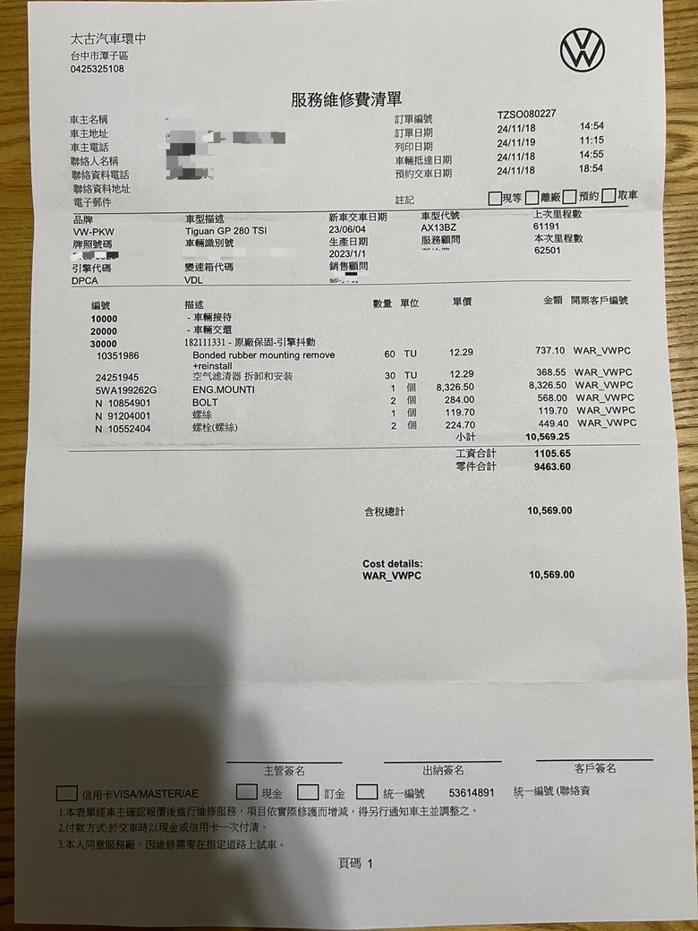 2023 Tiguan變速箱閥體及其他零件出保紀錄