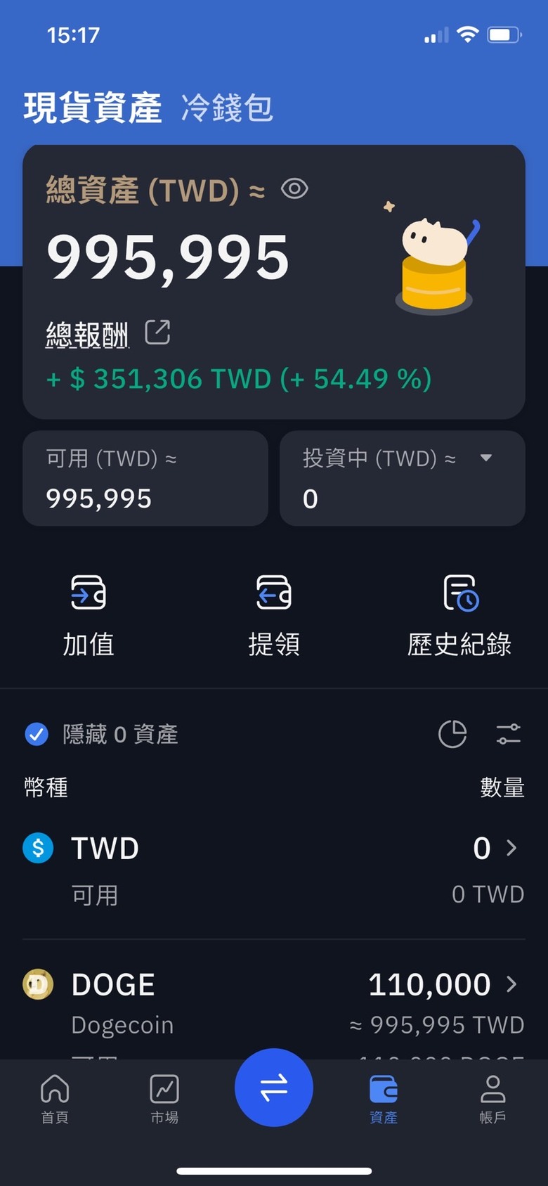 買了43萬顆狗狗幣，看能漲到多少？
