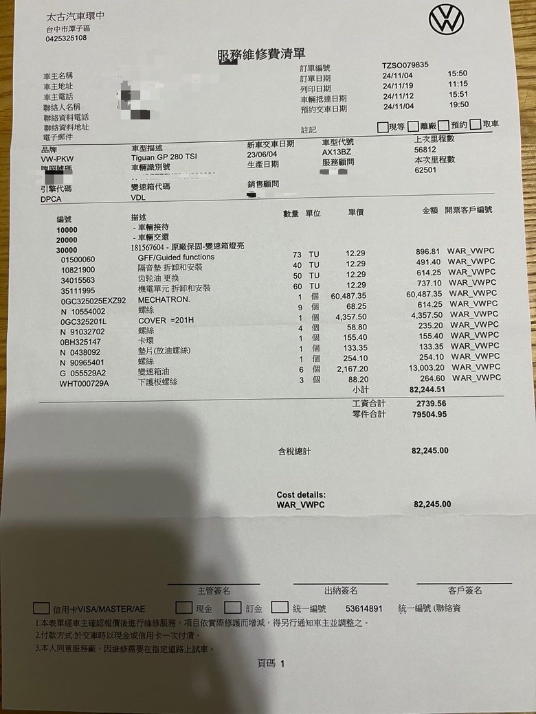 2023 Tiguan變速箱閥體及其他零件出保紀錄