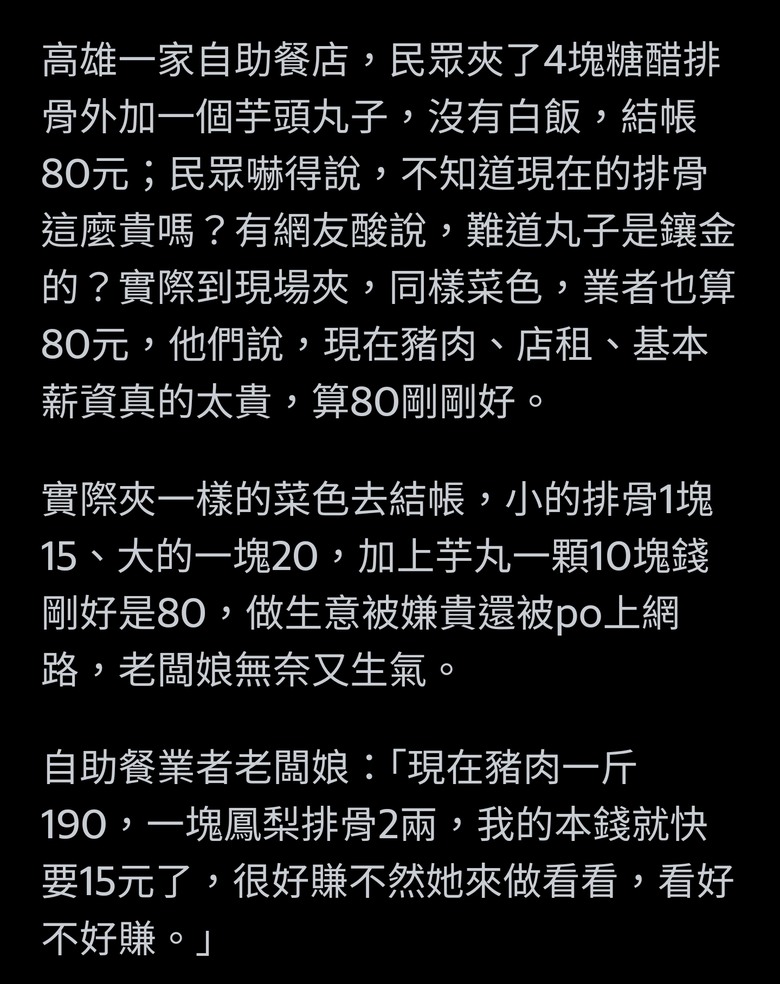 4糖醋排骨、1芋丸賣80元被嫌貴 業者：萬物齊漲