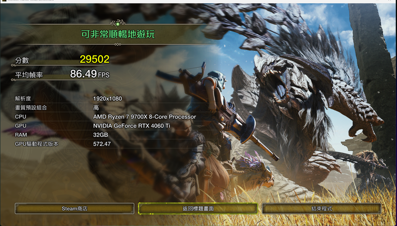 RTX 4060 TI 8G跑魔物獵人荒野