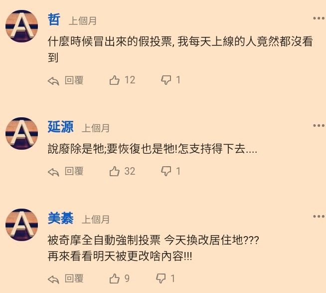 線上民調疑似出現自動投票情形，目前原因不明。