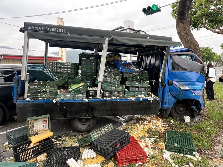 小貨車紅燈急煞，撞路樹，大量下蛋