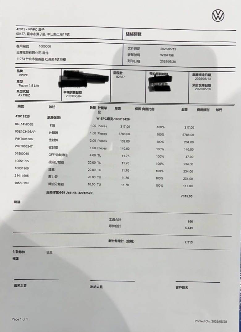 2023 Tiguan變速箱閥體及其他零件出保紀錄