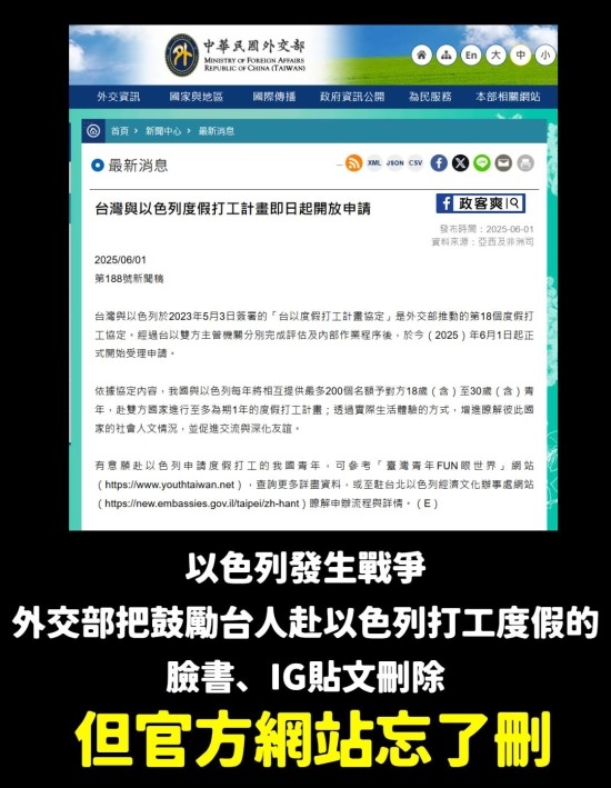 點我看大圖 被爆「偷刪」赴以色列打工申請公告 外交部駁斥:是滾動式調整