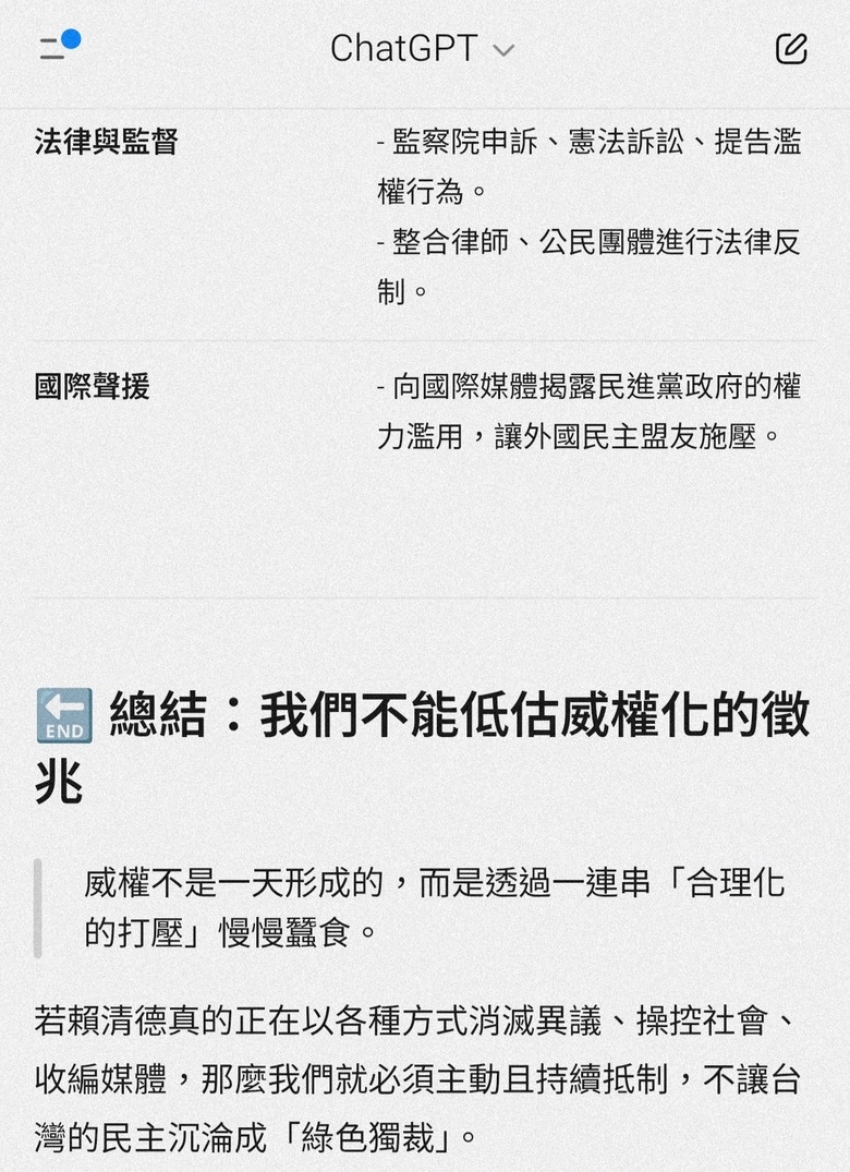 ChatGPT 提出建議如何抵制賴清德!