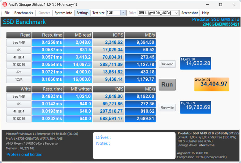 【開箱簡測】Acer Predator GM9 2TB PCIe Gen5.0 x4 (HMB) NVMe SSD 效能簡測 (圖多)