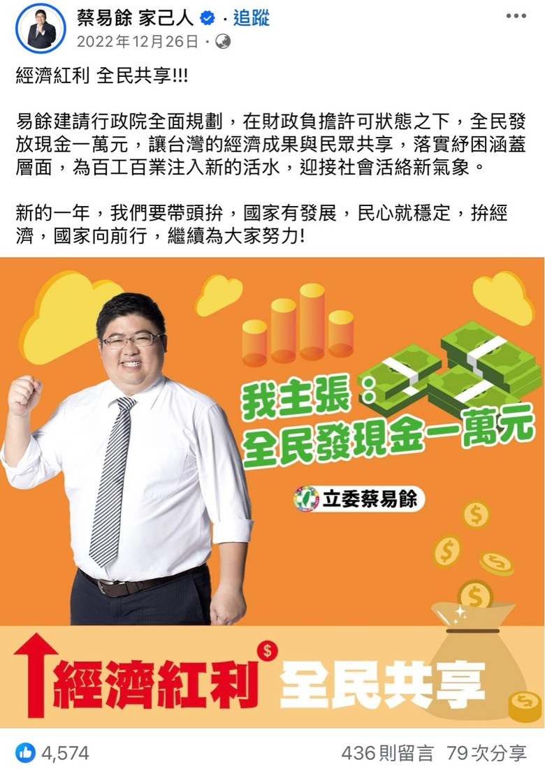 綠委支持普發現金一萬