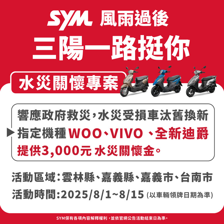 【國內快訊】SYM三陽機車推出水災關懷換購補助金，幫助水災重創居民。