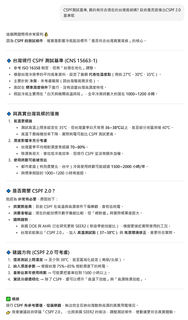 ChatGPT也認為 "CSPF"基準, 已不符合台灣氣候環境現況, 應該要推出"CSPF 2.0"了.