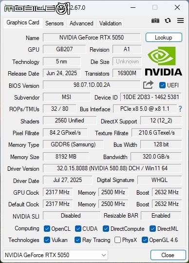 微星 GeForce RTX 5050 8G Gaming OC 顯示卡開箱實測 最平價 RTX 50 顯卡真便宜還是智商稅？