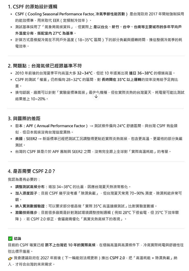 ChatGPT也認為 "CSPF"基準, 已不符合台灣氣候環境現況, 應該要推出"CSPF 2.0"了.