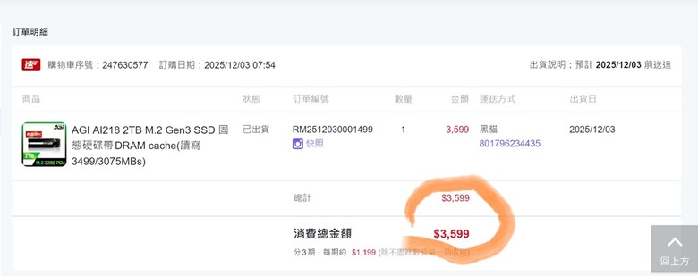 3,599 再囤一支2TB SSD: PCIe Gen3 x 4 TLC 帶 2GBDRM