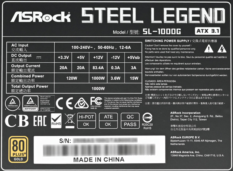 ASRock STEEL LEGEND 1000W ATX 3.1金牌全模組電源開箱
