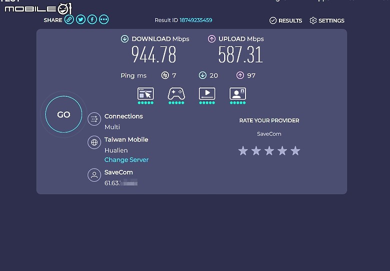 點我看大圖 花蓮東亞有線電視(大大寬頻)FTTH 1G/600M光纖到府安裝測試