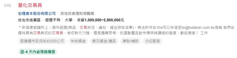 量化交易員年薪