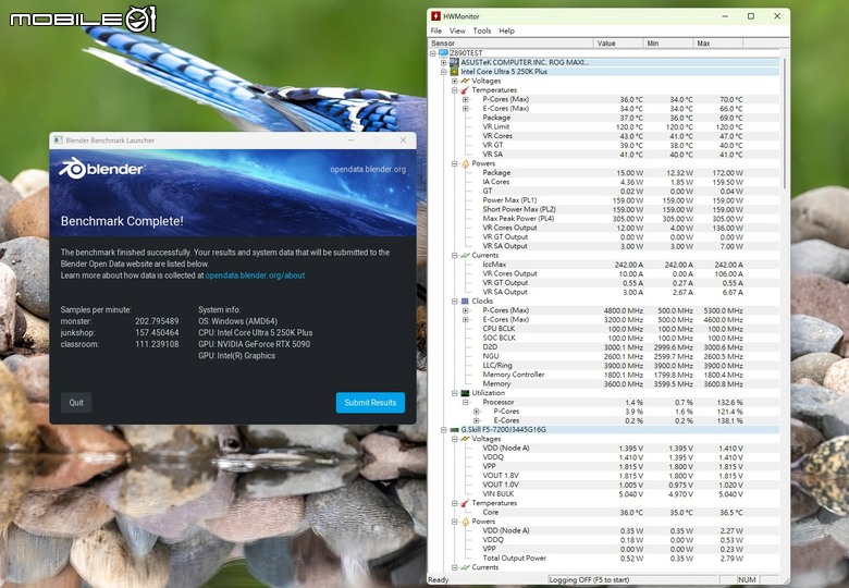 Intel Core Ultra 5 250K Plus 處理器Blender渲染效能測試