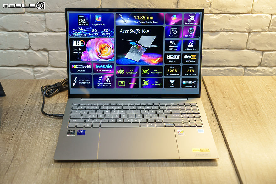 Acer Swift 16 AI 的16吋OLED觸控顯示螢幕,畫面細膩色彩飽和