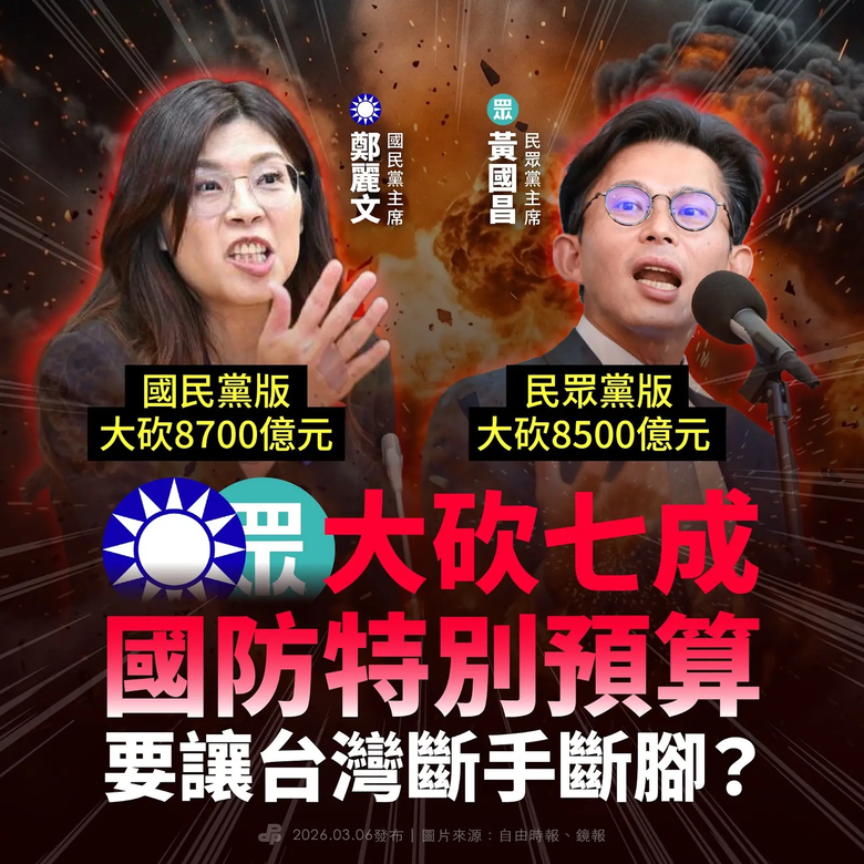 大砍七成國防預算 藍白要讓台灣斷手斷腳？