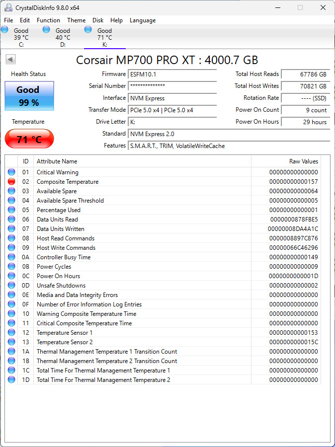 【開箱簡測】Corsair MP700 Pro XT 4TB PCIe Gen5.0 x4 NVMe SSD X870E/Z890 雙平台效能簡測 (圖多)