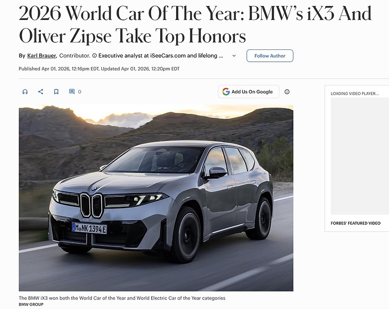 iX3獲頒2026 WCOTY 世界風雲車大獎