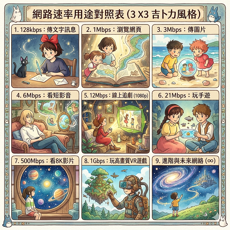 🌐 手機網路速率：吉卜力日常對照表（3x3吉卜力風格）