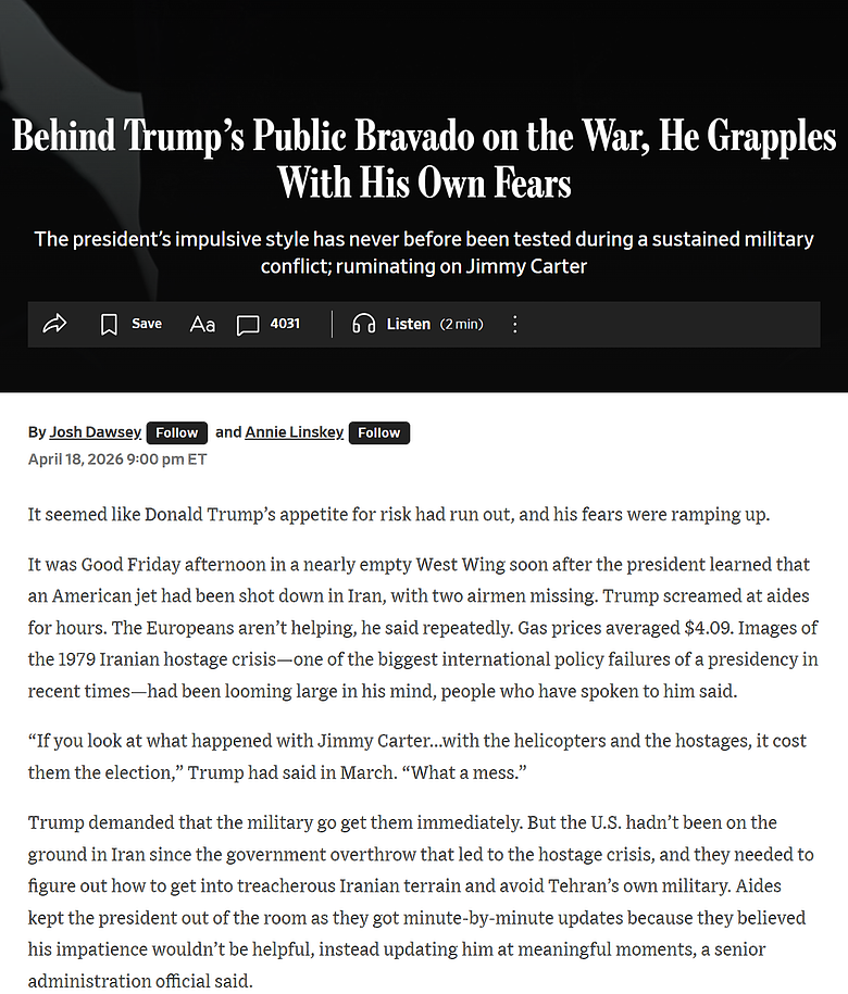 華爾街日報萬字長文披露：Trump對伊戰事中的反覆、失措與恐懼