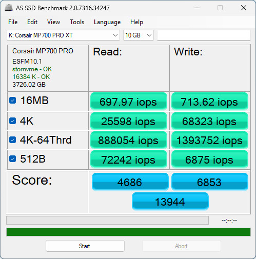 【開箱簡測】Corsair MP700 Pro XT 4TB PCIe Gen5.0 x4 NVMe SSD X870E/Z890 雙平台效能簡測 (圖多)