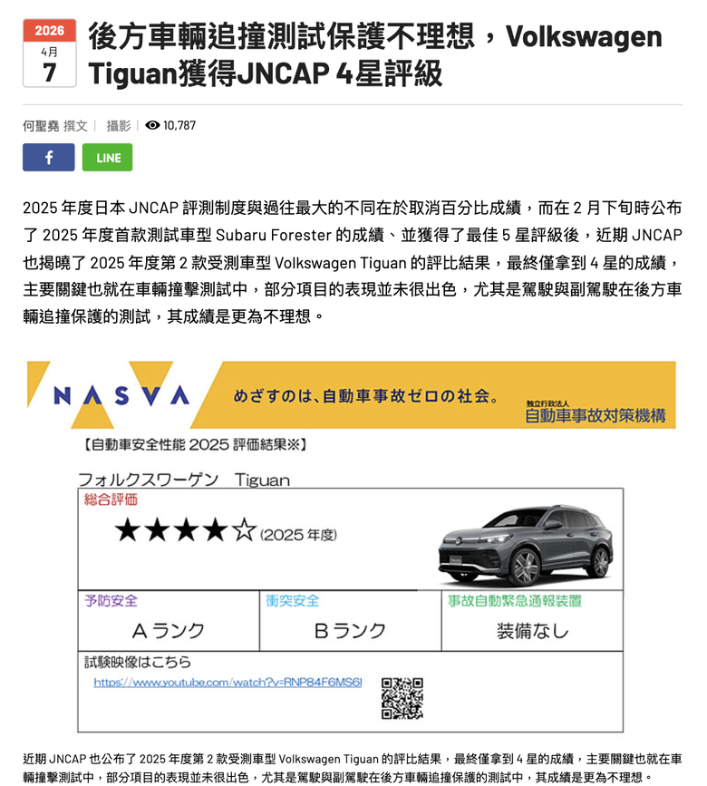 是歐系車安全退步,還是日本人又袒護自己人,Tiguan到日本竟然只有四星?