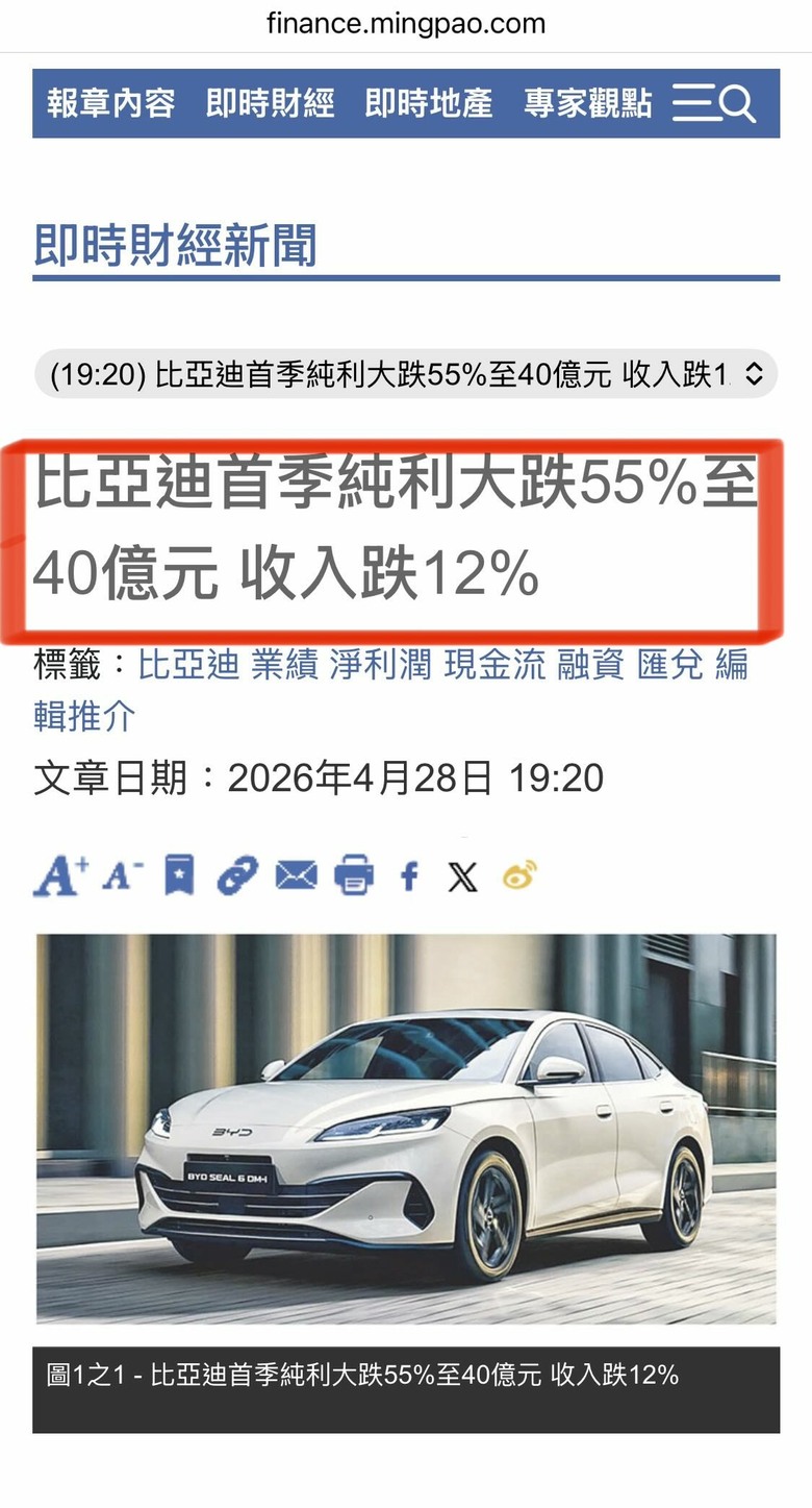 比亞迪首季純利大跌55%至40億元 收入跌12%