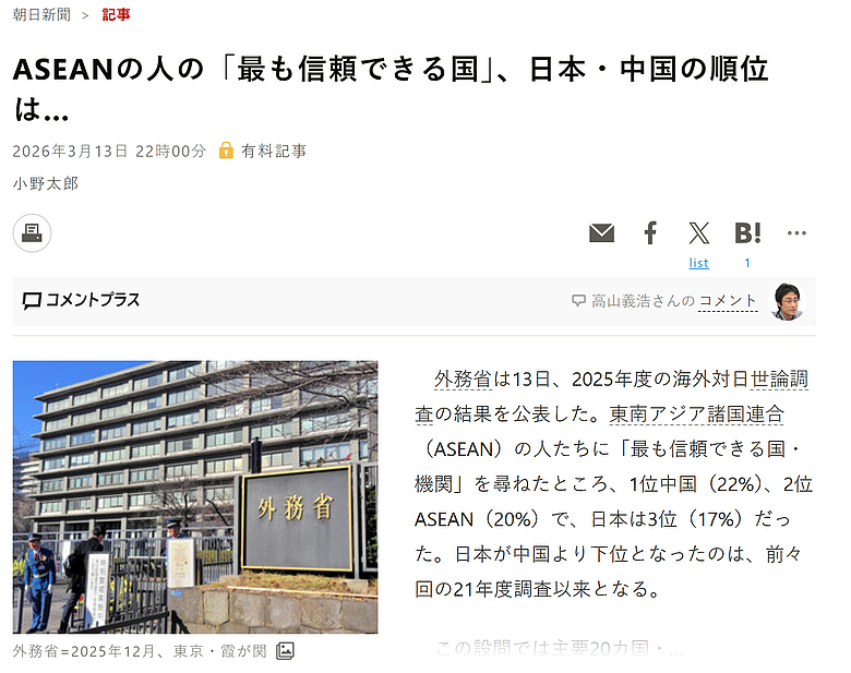 朝日新聞：日本外務省海外民調顯示，東協現在最信任國家是中國。