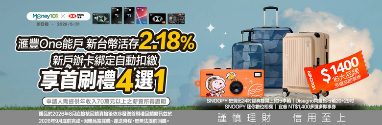 【滙豐旅人卡】睽違5年全新升級,2026旅人卡強勢回歸,新手友善旅遊控必備,5月申辦再享SNOOPY雙開上掀行李箱、史努比數位相機等好禮任選!