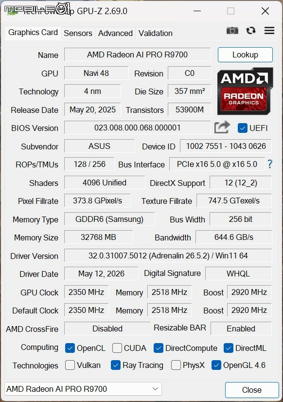點我看大圖 華碩 TURBO Radeon AI PRO R9700 32GB 繪圖卡開箱實測 以大容量記憶體提供更多 AI 應用執行空間