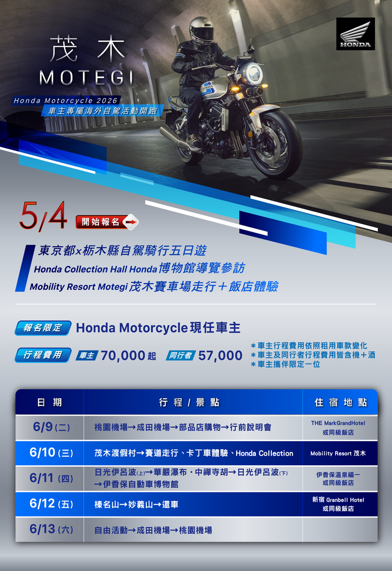 點我看大圖 【國內新訊】Honda Taiwan 車主專屬茂木騎旅5日遊正式受理線上報名