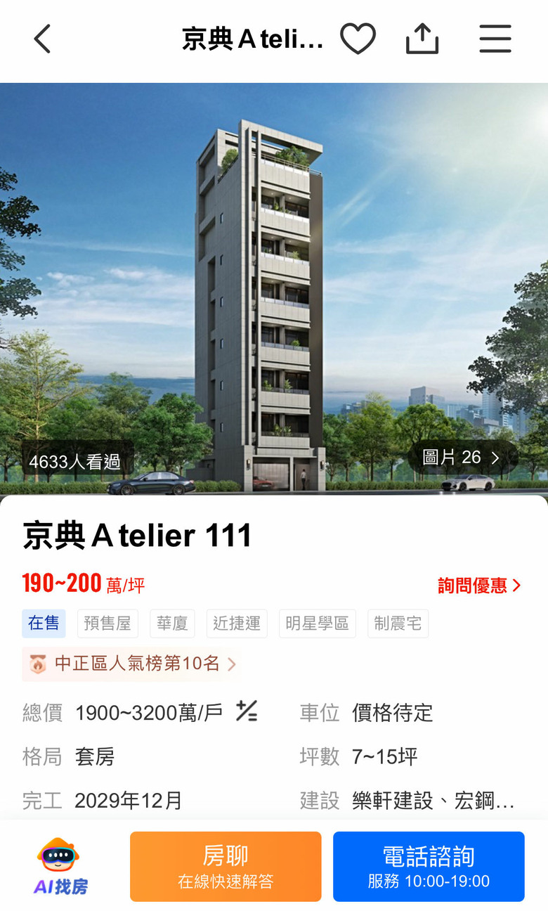 中正區也一坪200萬了嗎？