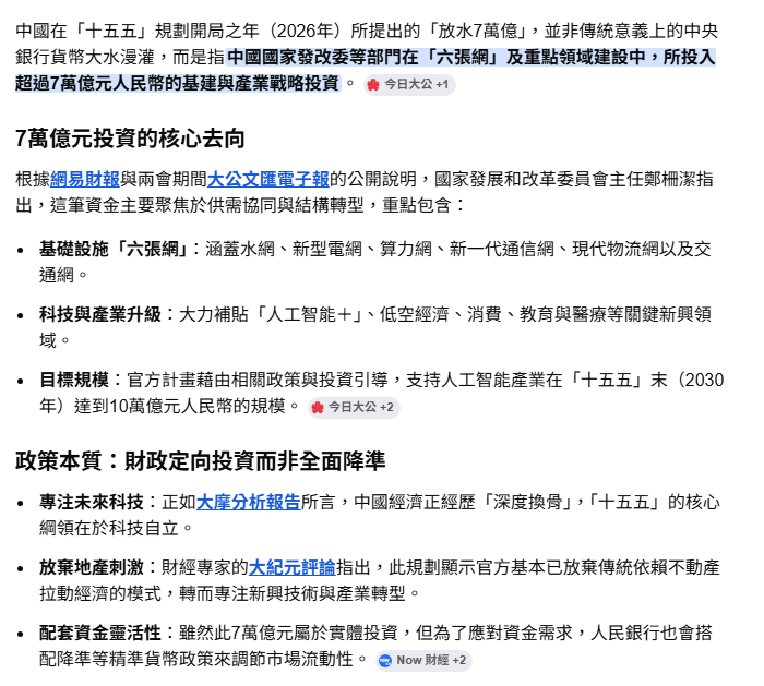 中國十五五規劃 投入超過7萬億元人民幣的基建與產業戰略投資。