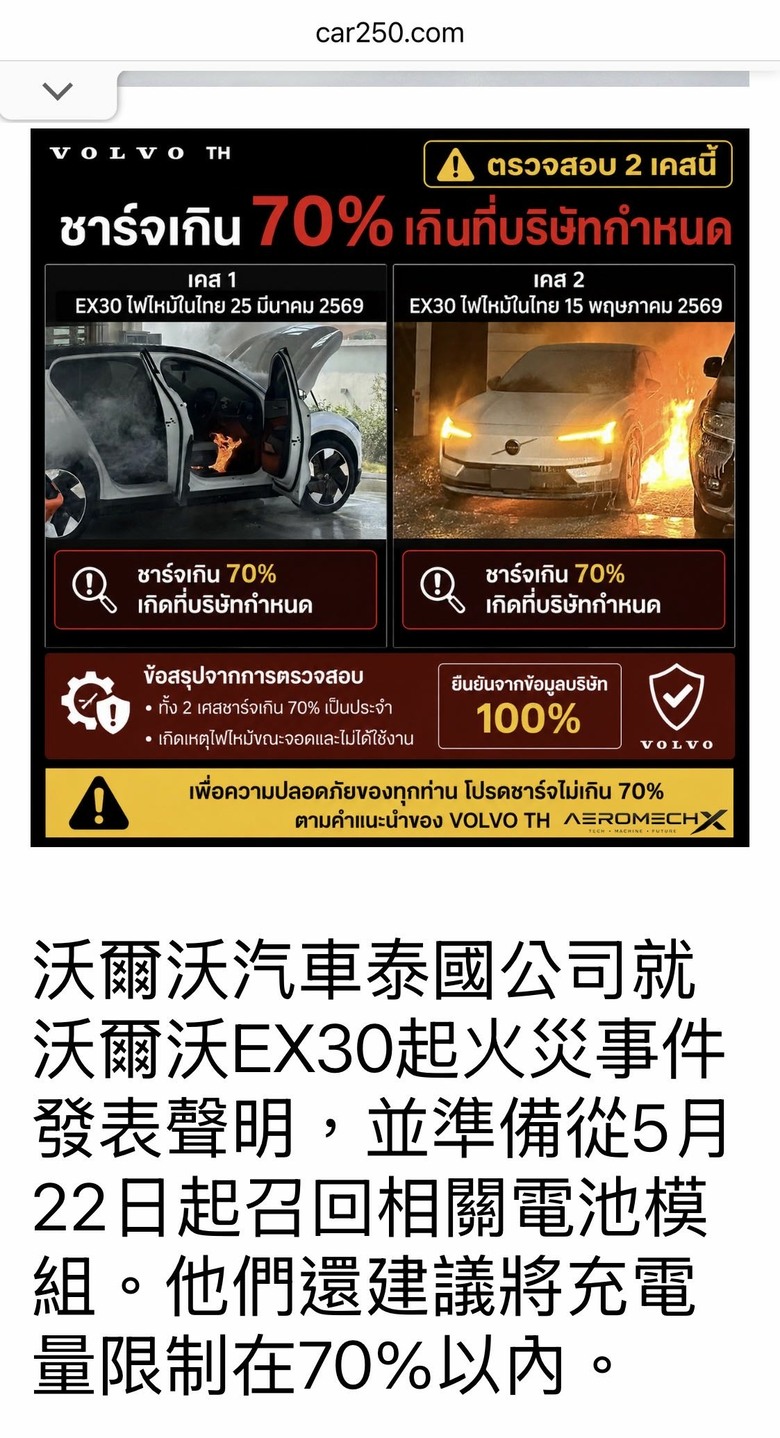 Volvo EX30 泰會燒,燒到從網站上移除