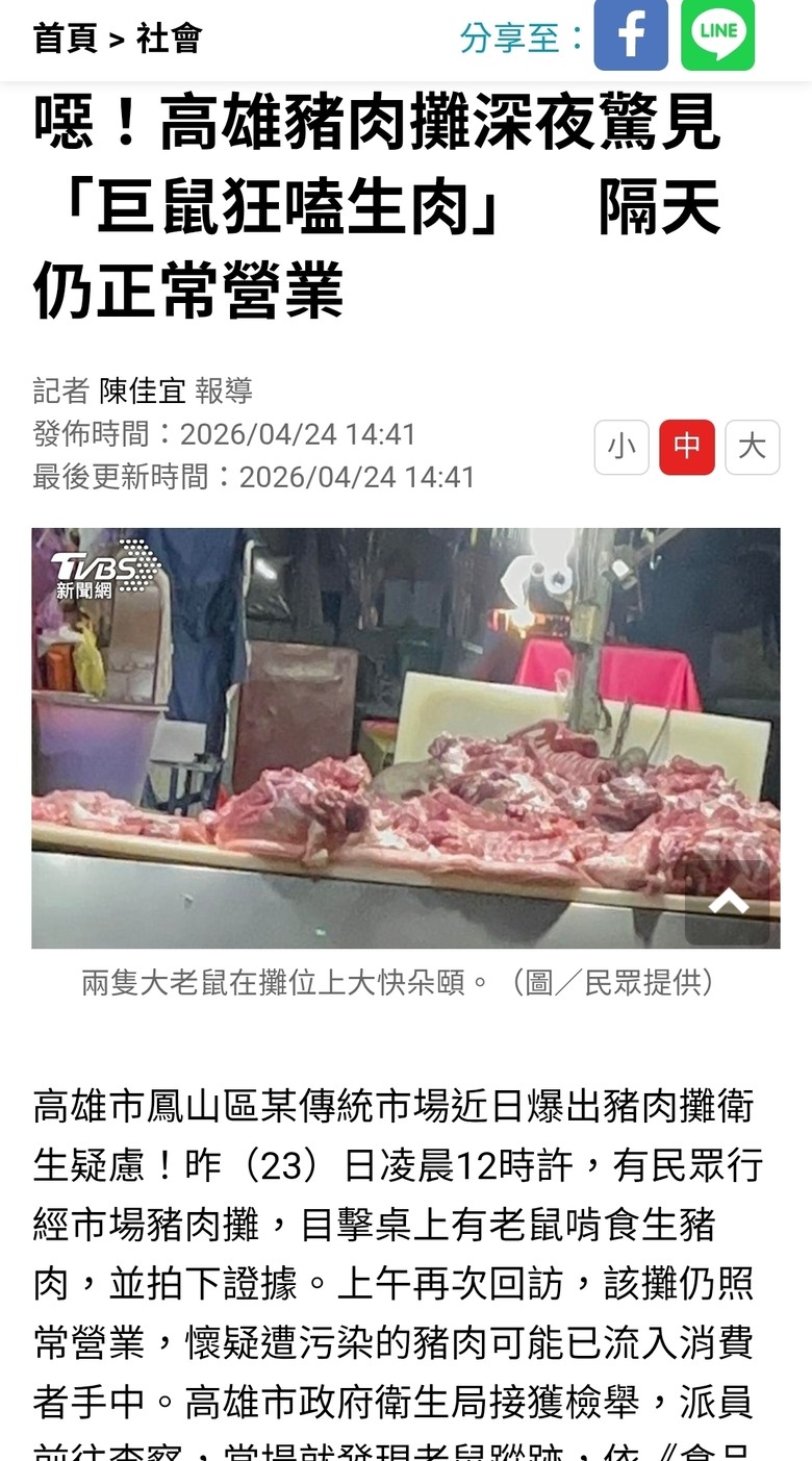 噁！高雄豬肉攤深夜驚見「巨鼠狂嗑生肉」　隔天仍正常營業