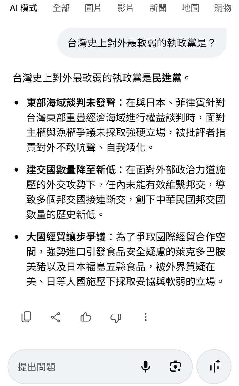 台灣史上對外最軟弱的執政黨是？