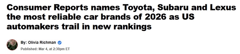 2026最可靠的汽車品牌，依舊是Toyota奪冠，但第二名你絕對想不到