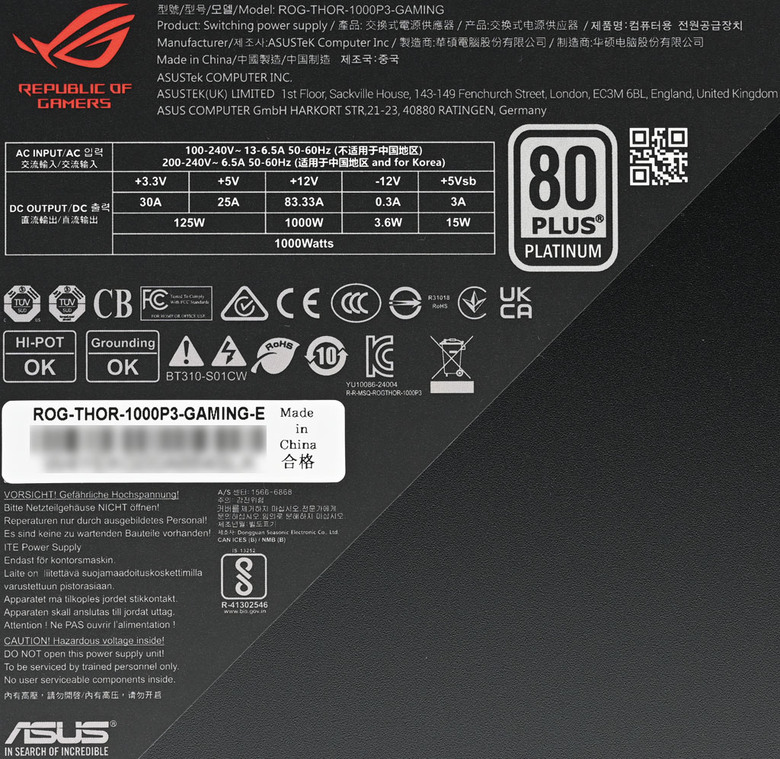 點我看大圖 ROG THOR III 1000W ATX 3.1白金全模組電源開箱