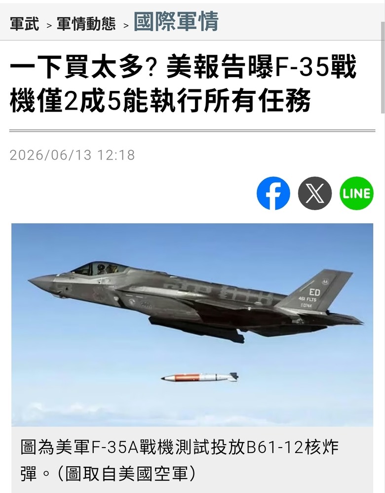 美軍F-35能執行全面任務的數量，居然只有25%而已